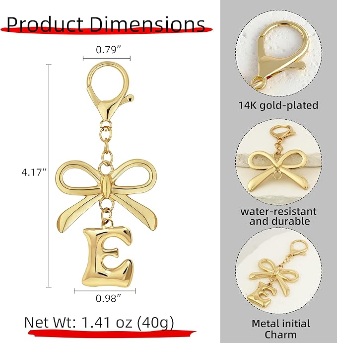 Gold Bubble Heart, Cherry, Bow & More Designs Letter Initial Keychain Bag Charms – Cute Purse Charms for Handbags