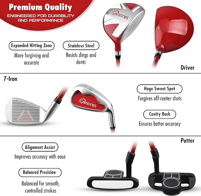 Shorties Golf - Kids Golf Club Set | Perfect for Toddler Golfers and Kids 34"-38" Tall | EasyCarry Stand Bag | Driver, 7-Iron, Putter, Headcover, and Rain Cover