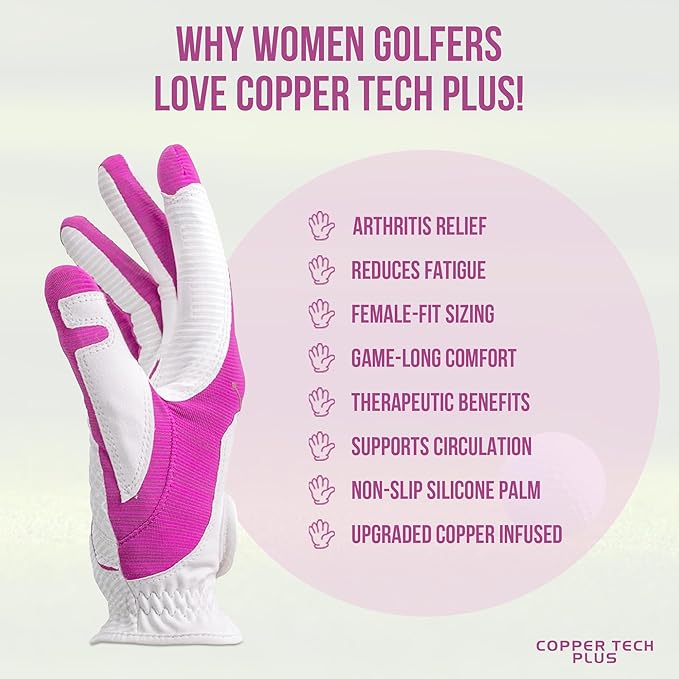 Women’s Golf Glove – White/Fuchsia – Copper Infused Compression for Arthritis Relief, Non-Slip Silicone Grip – USGA Approved, 1 Pack