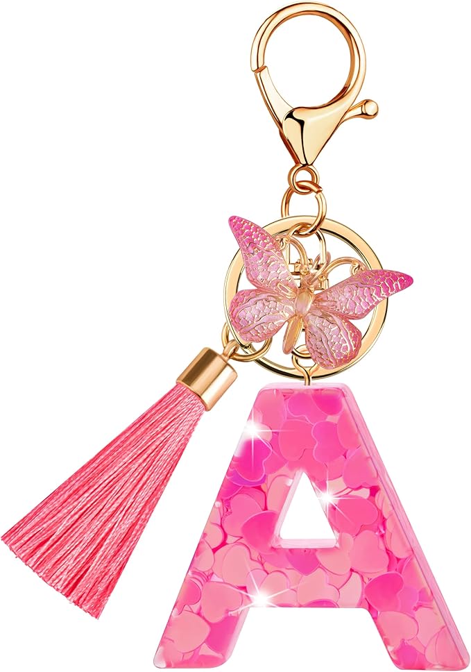 Suweibuke Colourful Cute Initial Letter Keychains for Women Girls with Tassel Butterfly, Charm for Purse Handbags Backpacks