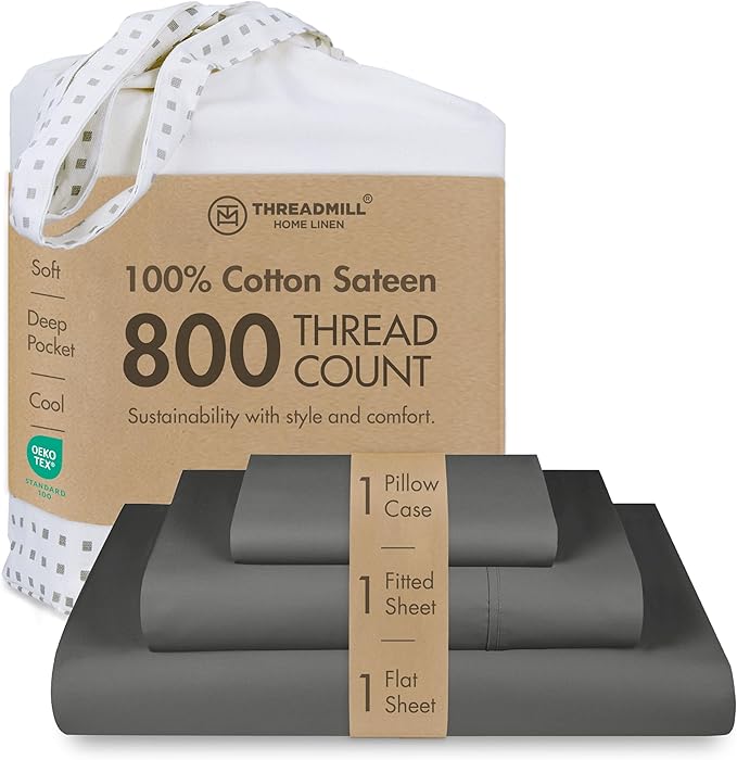 Threadmill Luxury 800 Thread Count 100% Cotton Sheets - Dark Grey Sateen Weave Twin Size Bed-Sheets, Better Than Egyptian Cotton,3 Pc Solid Soft Bedding Set, Fits 15" Deep Pocket