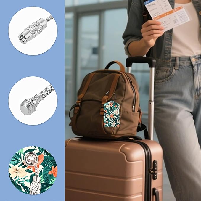 3 Pack PU Leahter Luggage Tag with Stainless Steel Loop,Tropical Flowers Travel Suitcase Labels with Privacy Cover ID Label Quickly Spot for Bags