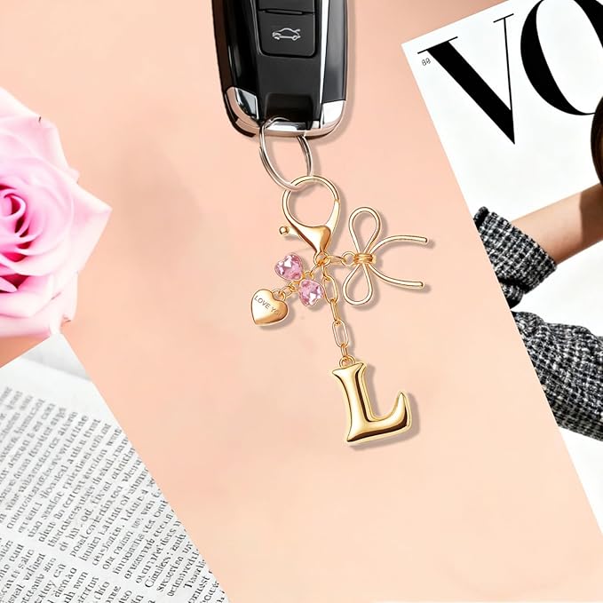 Gold Bubble Initial Keychain with Bow Decoration Bag Charms for Women, Cute Purse Handbag Accessories Gift