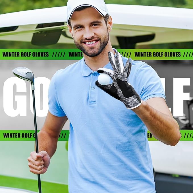 Geyoga 2 Pairs Winter Golf Gloves for Men Cold Weather Rain Golf Glove Large Adjustable Windproof Waterproof Thermal Fleece Gloves for Winter Golfing