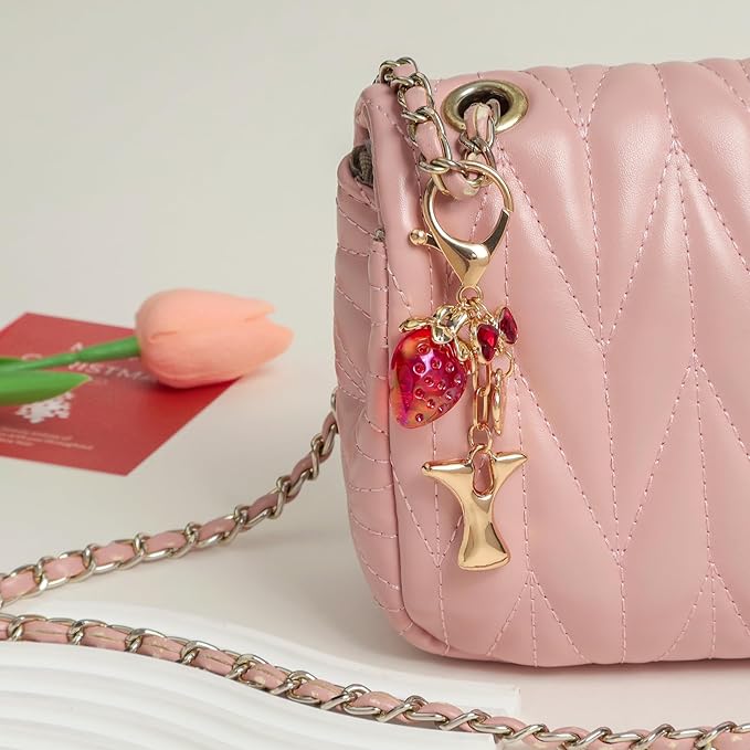 Snycler Bubble Initial Keychain with Strawberry & Bow- Gold Letter Bag Charms for Women, Cute Purse Handbag Accessories