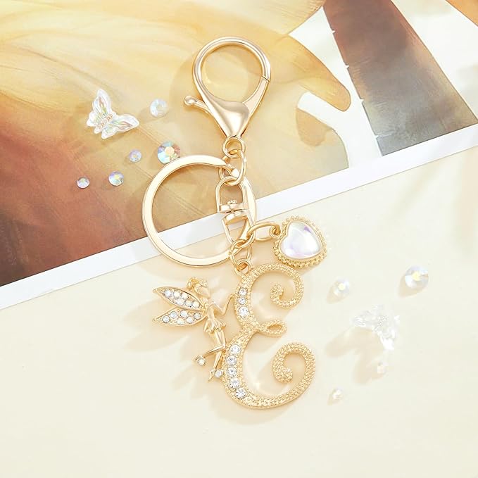Gold Plated Alphabet Initial Letter Keyring Keychain for Women Girls Crystal Key Chains for Wallet Backpack Bag Charm