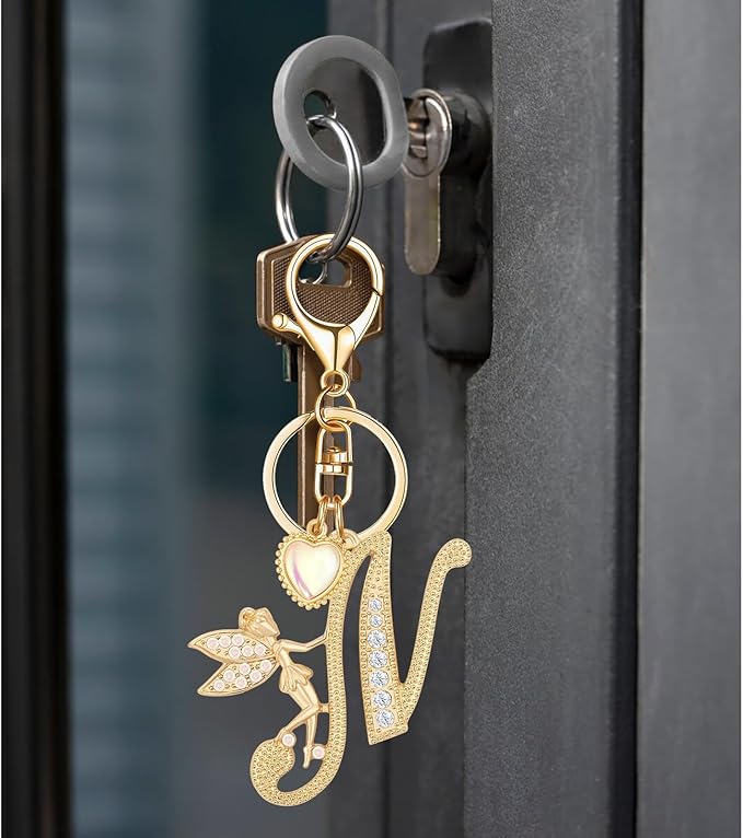 Gold Plated Alphabet Initial Letter Keyring Keychain for Women Girls Crystal Key Chains for Wallet Backpack Bag Charm