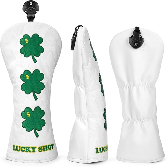 Golf Club Covers, 1pc or 3pcs Golf Headcovers Set 1 3 h, White PU Leather Driver Headcover, 3 Wood Cover, Hybrid Headcover Lucky Clover Style Golf Club Protective Case