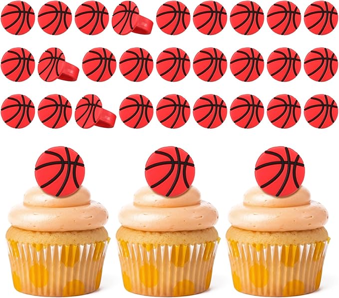 Honeydak 48 Pcs Basketball Cupcake Rings Toppers Decoration Sport Ball Theme Cupcake Picks Baseball Softball Basketball Volleyball Cake Decoration for Sport Baby Shower Birthday Party Cake Supplies