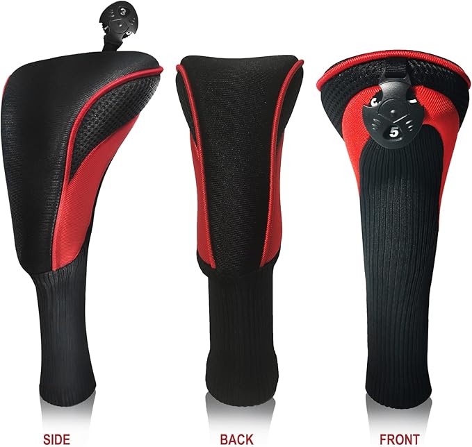 Golf Club Head Covers for Fairway Woods Driver Hybrids 3 Pieces Long Neck Mesh Sports Fan Golf Club Headcovers Set with Interchangeable No. Tags 3 4 5 6 7 X Golf Accessories for Men Women