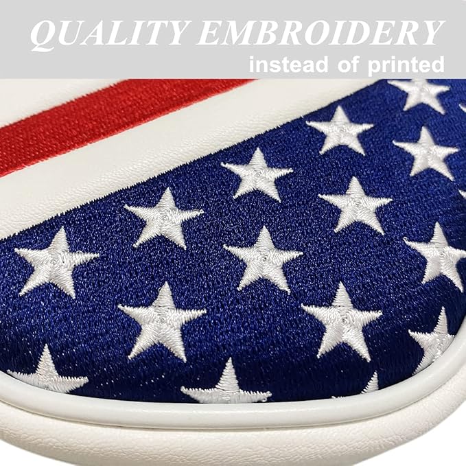 Embroidery Stars & Stripes Center Shafted Golf Mallet Putter Cover Magnetic Mallet Putter Head Cover Club Protective Case, Red White Blue Mallet Putter Headcover