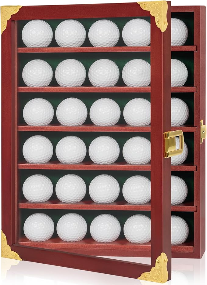 Golf Ball Display Case, Solid Wood Golf Ball Holder, Wall Mounted Golf Ball Rack with Acrylic Door for Golf Enthusiasts (Mahogany, for 30 Golf Balls)