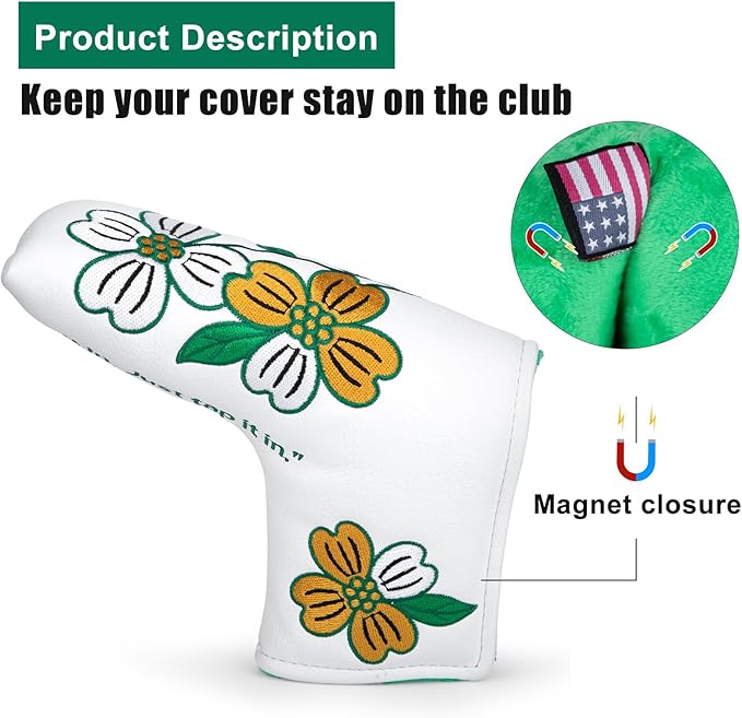 Golf Blade Putter Cover, Flower Elegant Embroidery Premium Leather Golf Blade Putter Headcover Putter Head Covers Fits Most Blade Putter