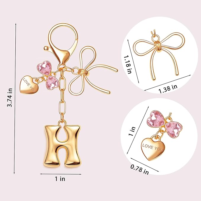 Gold Bubble Initial Keychain with Bow Decoration Bag Charms for Women, Cute Purse Handbag Accessories Gift