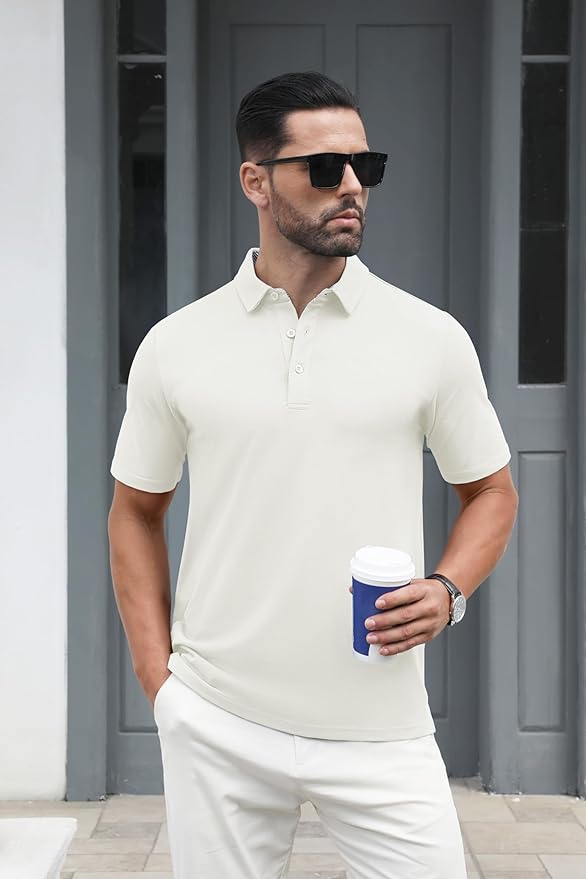 MAGCOMSEN Men's Polo Shirts Short Sleeve Cotton Pique 3 Button Classic Fit Casual T-Shirt Performance Golf Shirts