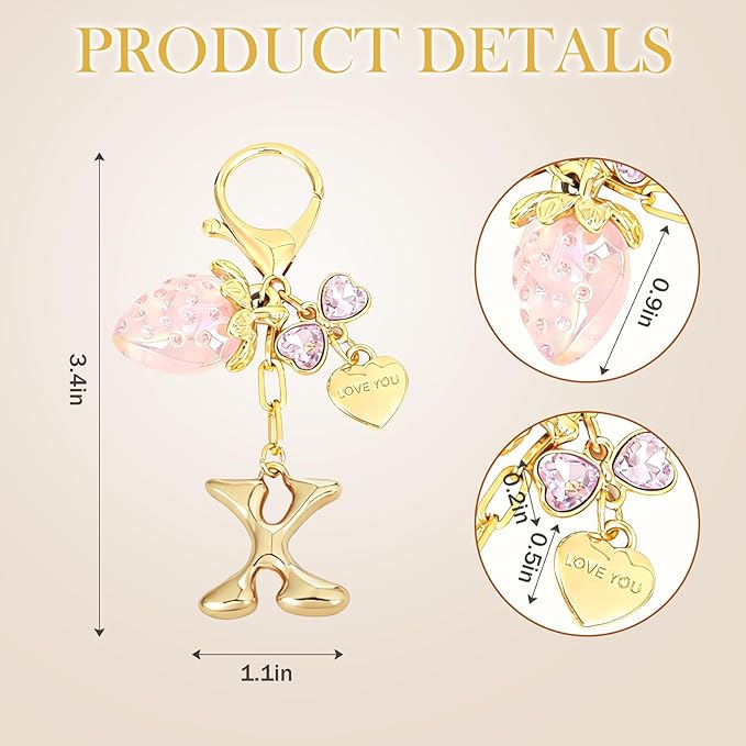 Snycler Bubble Initial Keychain with Strawberry & Bow- Gold Letter Bag Charms for Women, Cute Purse Handbag Accessories