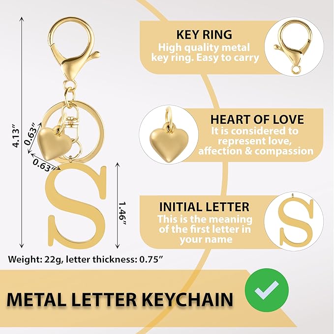 Metal Heart Alphabet Keychain for Women, Girls - Cute Initial Letter Accessories for Purse, Bag Charms and Backpack