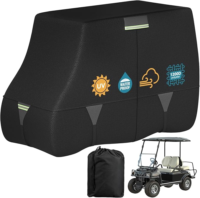 Tuszom 100% Waterproof 1200D Solution-Dyed Golf Cart Cover Universal Fit Yamaha,Honda,Club Car,EZGO and Most Brand Golf Cart for 2/2+2/4/4+2/6 Seats with Zipper Door,Storage Bag