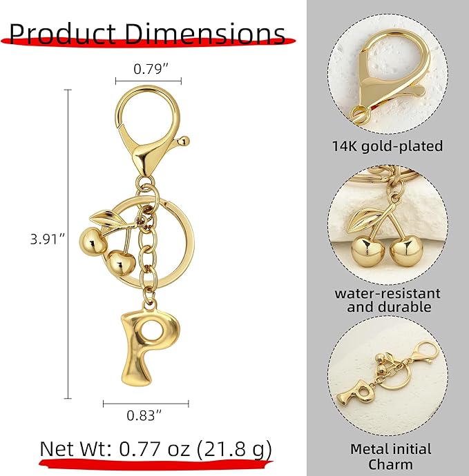 Gold Bubble Heart, Cherry, Bow & More Designs Letter Initial Keychain Bag Charms – Cute Purse Charms for Handbags