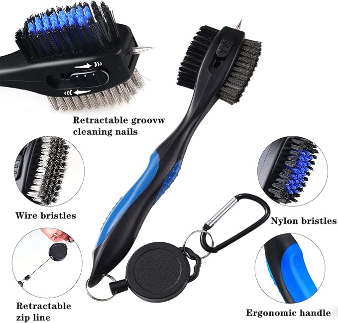 Golf Club Brushes, Golf Cleaning Tool, with Retractable Cleaning Nails, Nylon and Wire Bristles Oversize Double Brush Head with 2ft Retractable Zip-line Metal Buckle
