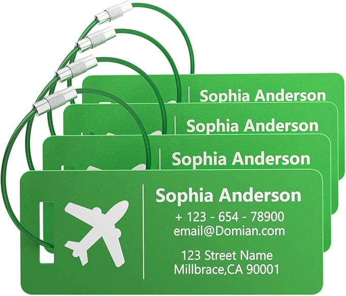 4 Pack Personalized Luggage Tags, Custom Engraved Aluminum Luggage Tags with Your Personalized Text, Waterproof Metal Name Tags with Steel Loop for Bags, Suitcase, Baggage, Backpack (Green, Small)