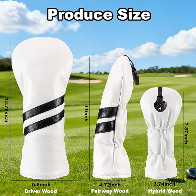 Golf Club Head Covers, 3pcs Golf Headcovers for Woods and Driver Fairway Hybrids, Premium PU Leather Club Headcovers Set with Interchangeable Tag for Men Women
