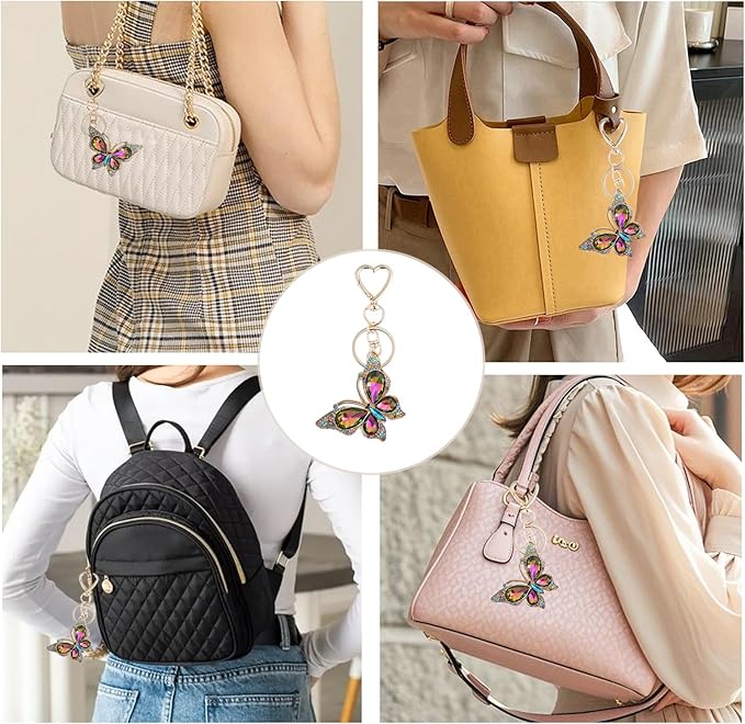Weixiltc Charm Keychain for Women, Cute Heart Key Chain with Diamond Butterfly Pendant, Lovely Bag & Purse Keyring Accessory