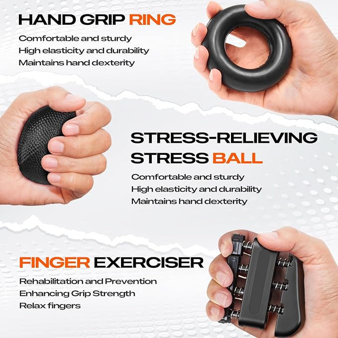 Hand Grip Strengthener Workout Kit (10 Pack),1 Forearm Grip Adjustable Resistance Hand Gripper, Finger Stretcher, Finger Presser, Grip Ring, Stress Relief Grip Ball & 5 Resistance Bands for Muscle Building and Injury Recover