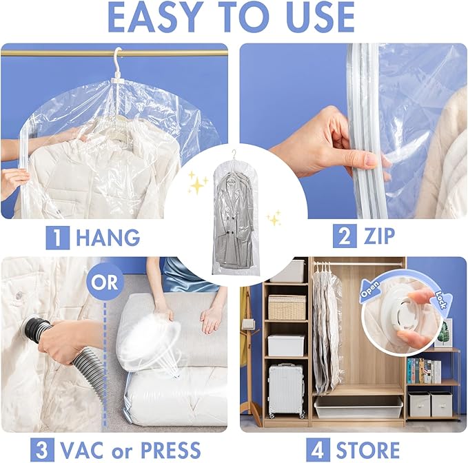 Hanging Vacuum Storage Bags, 4 Pack (53 x27.6 inch), Vacuum Seal bags for Clothing, Garment Storage for Jacket, Suits, Dresses, Closet Oragnization and Storage