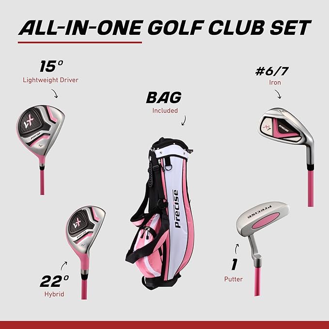 Precise X7 Kids Golf Clubs Set – Boys’ & Girls’ Junior Golf Set with Lightweight Graphite Shafts, Hybrid, Putter & Stand Bag