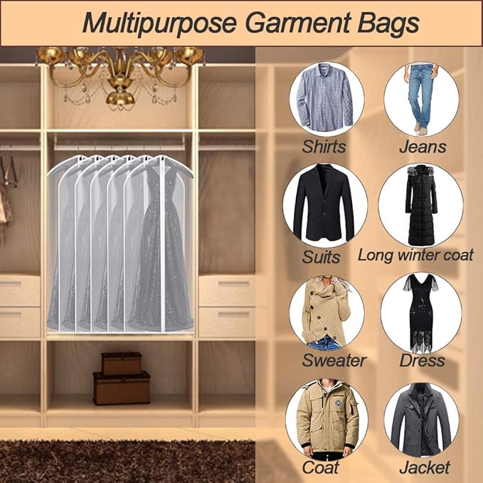 Garment Bags for Hanging Clothes 24''X48'' Suit Bags for Closet Storage (Pack of 6) Plastic Waterproof Suit Cover Bags with Zipper for Coats, Jackets, Shirts
