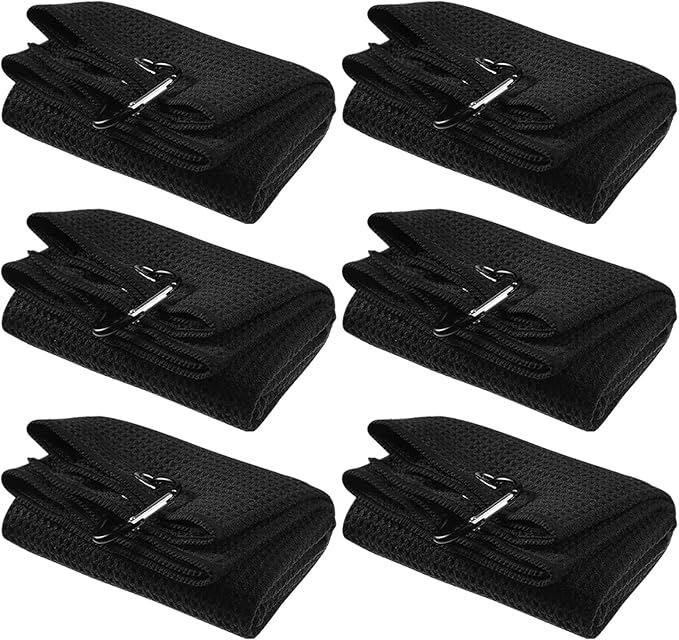 Cindeer 6 Pack Large Golf Towels, 16" x 24" Tri-fold Golf Towels, Microfiber Fabric Waffle Pattern Golfing Towel Portable with Heavy Duty Clip for Golfing Bag Remove Sand Dirt Mud Sweat(Black)