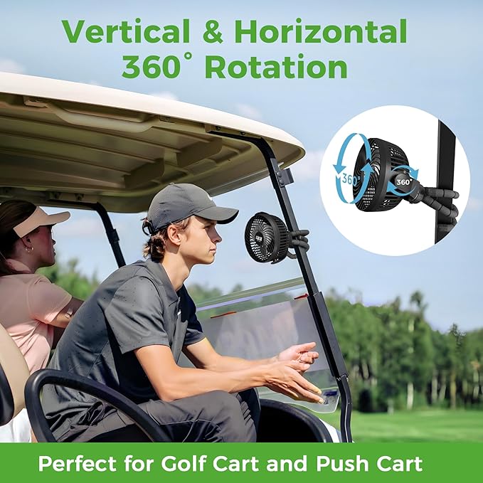 10L0L Golf Cart Fan Rechargeable with Flexible Tripod Mount - 10000mAh Battery Operated Portable Fan 360° Rotatable Head, Fits for Yamaha/EZGO/Club Car Golf Cart with LED Light