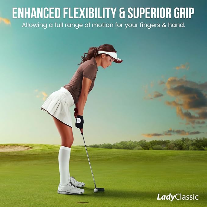 Mesh Half Golf Glove for Women – Premium Cabretta Leather Palm, Breathable Mesh Back, Half-Finger Design Ladies Golf Glove for Enhanced Grip & Comfort