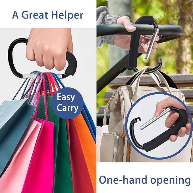 2 Pack Stroller Hooks, 6.3" Large Stroller Clip, Extra Large Carabiner, Big Carabiner Clip Heavy Duty, Universal Stroller Accessories for Mommy, Hang Shopping Bags, Purses, Diaper Bags, and Tools