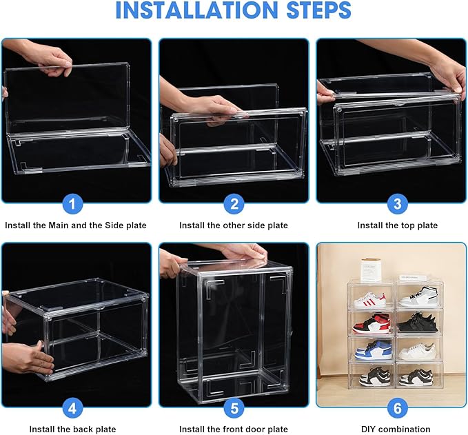 HIYOHIYO 2-Pack Acrylic Clear Stackable Shoe Boxes - 360 Clear Acrylic Display Shoes Boxes - Fully Transparent Display Box with Magnetic Door - Size 14