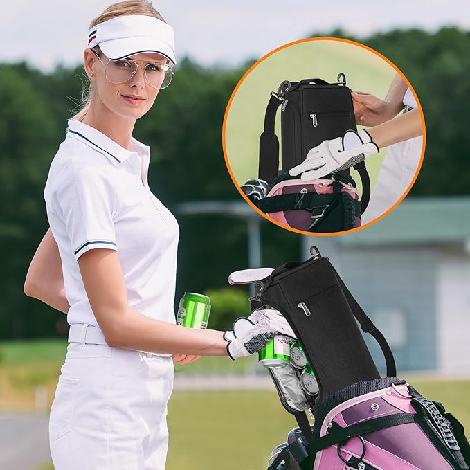 Golf Cooler Bag for Men Women, Small Soft Insulated Beer Cooler Holds 6 Pack of Cans or Two Wine Bottles, Portable Golf Accessories Cooler Sleeve for Camping Picnic Beach Outdoor