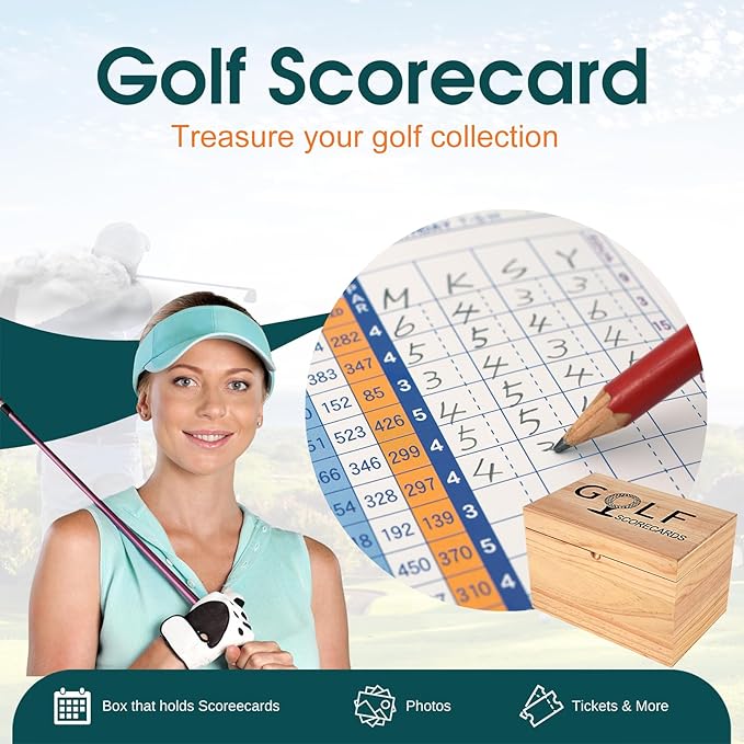 YeeBeny Golf Scorecard Collection Box, Golf Storage Box With 5 Wooden Dividers, Scorecard Keeper For Keepsakes Cards Club Storage Score Book Pencil Log, Unique Golf Gift