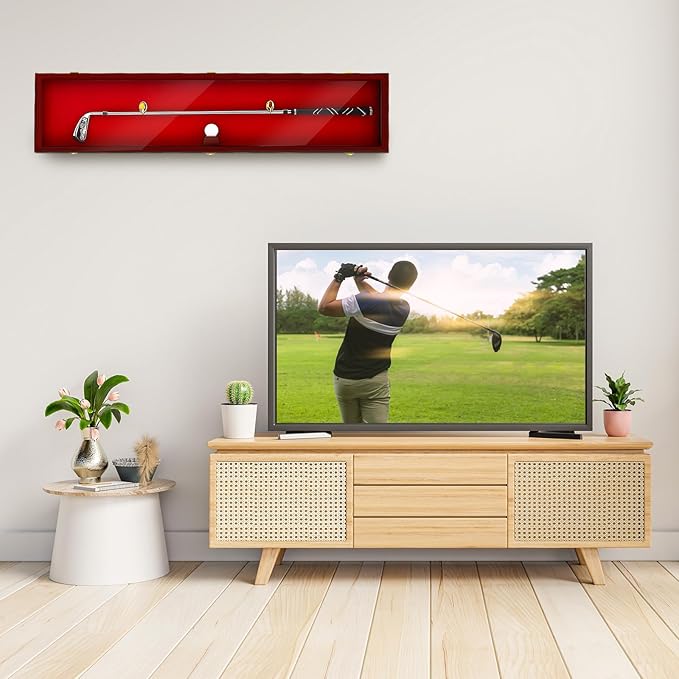 44.5'' Golf Club Display Case Wood Storage Display Cabinet with Hanger Stand Lock Wall Mount W/ 98% UV Protection Acrylic Lockable Door Case Rack for Christmas Antique Vintage Golf Club Gift