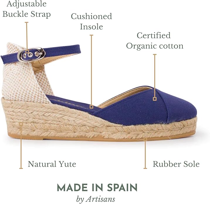 Girona Authentic Spanish Espadrille Wedge Sandals for Women - Sustainable, Eco Friendly, Vegan Shoes. Classic Style, Organic Cotton Canvas Upper, Comfy Insole, Jute Midsole, Rubber Sole. Made in Spain