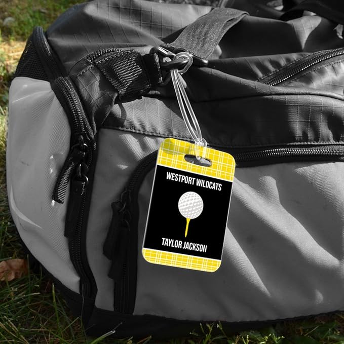 ChalkTallkSPORTS Golf Luggage & Bag Tag | Personalized Team with Golf Ball | Standard Lines on Back | Medium | Yellow/Black