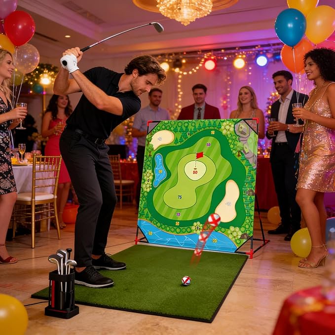 Golf Chipping Game with Stand, 54"x 54" Golf Battle Game Hitting Target Mat with 24 Balls, Perfect for Backyard Indoor Outdoor Family Games for Kids & Adults