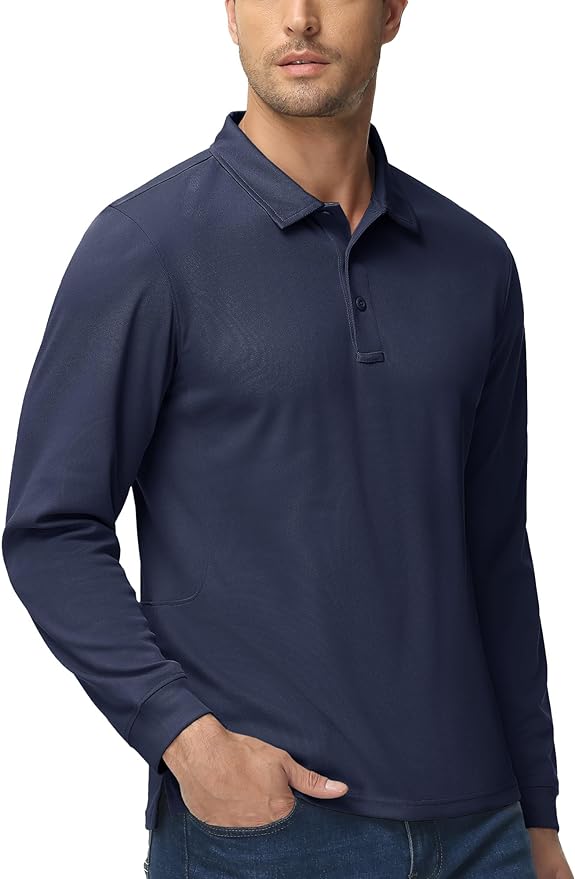 MAGCOMSEN Men's Polo Shirts 3 Button Quick Dry Performance Long Sleeve Tactical Shirts Pique Jersey Golf Shirt