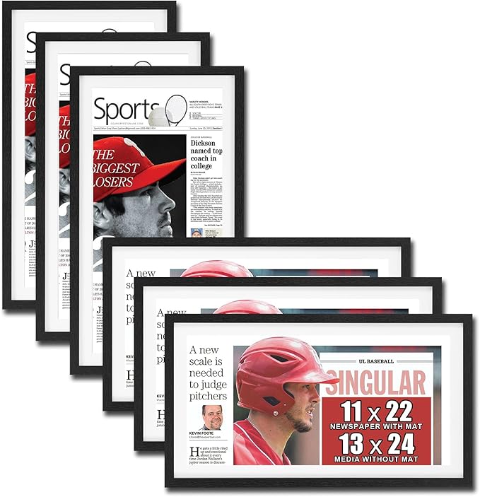 JupDec 11 × 22 Up to 13 × 24 Newspaper Frame, Premium Wood Display Case with Acrylic Panel, Wall Mount or Tabletop Stand, Perfect for Home & Office Decor, Ideal Gift for Collector, 6 Pack, White