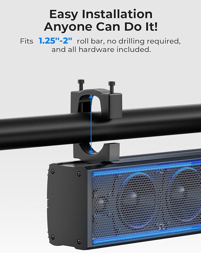 KEMIMOTO 6-Speaker Metal UTV Sound Bar, 25-inch IP65 Waterproof Golf Cart Sound Bar, ATV Speaker Bluetooth with RGB, SxS Soundbar Compatible with Polaris RZR Can-Am w/ 1.25 in - 2 in Roll Bar