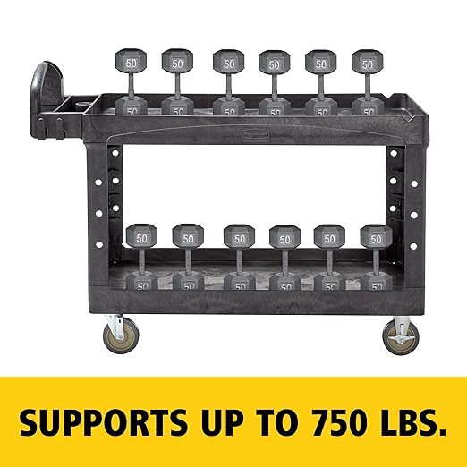 Rubbermaid Commercial Products BRUTE Heavy Duty 2-Shelf Utility/Service Cart, Medium, Lipped Shelves, Ergonomic Handle, 750 lb Capacity, Black, for Warehouse/Garage/Cleaning/Office