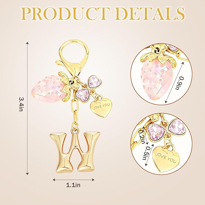 Snycler Bubble Initial Keychain with Strawberry & Bow- Gold Letter Bag Charms for Women, Cute Purse Handbag Accessories