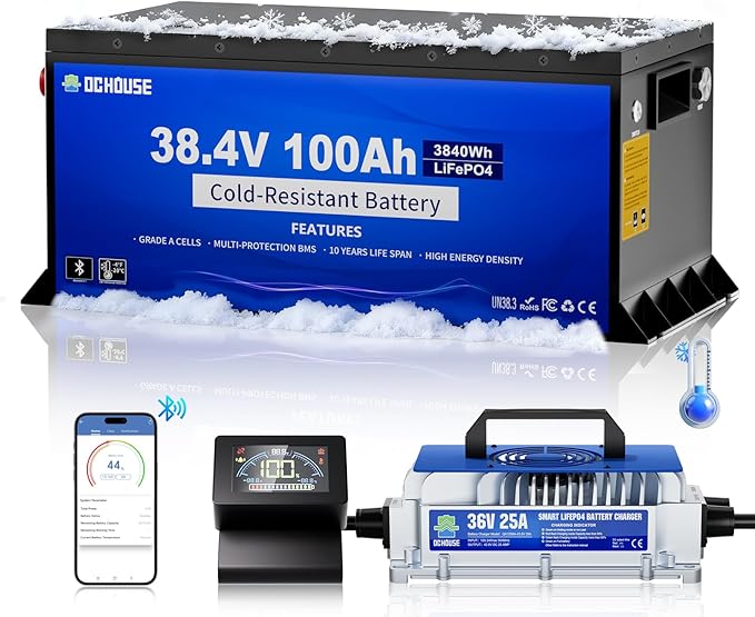 DC HOUSE 36V 100AH Cold-Resistant Metal Case Lithium Battery Golf Cart, Low Temp Discharge Down to -22°F, ≥95% Capacity Retention in Winter, 200A BMS, Bluetooth & LCD Monitor, Peak Current 700A