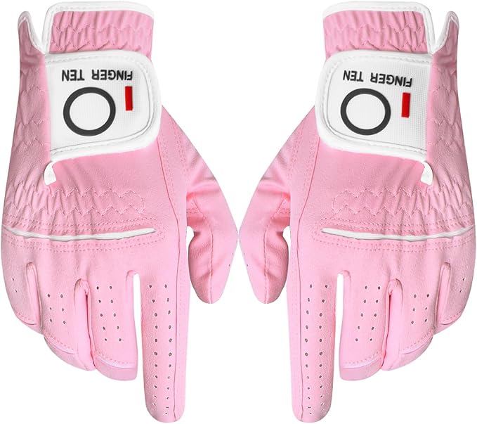 FINGER TEN Womens Ladies Golf Gloves Pair Both Hand or 2 Pack Left Right Hand, All Weather Grip & Comfortable Glove for Serious Performance, Stylish Pink White Fit S M L XL