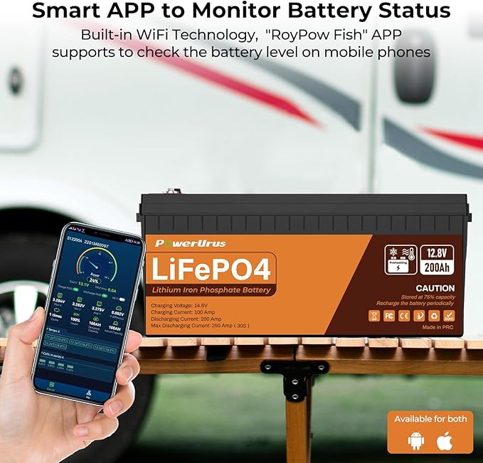 12V 200Ah Self-Heating LiFePO4 Lithium Battery with Smart APP, 4000+Cycle LiFePO4 Battery, Built-in 200A BMS, Wireless Real-Time Battery Monitor Function for RV, Marine, Off Grid Application